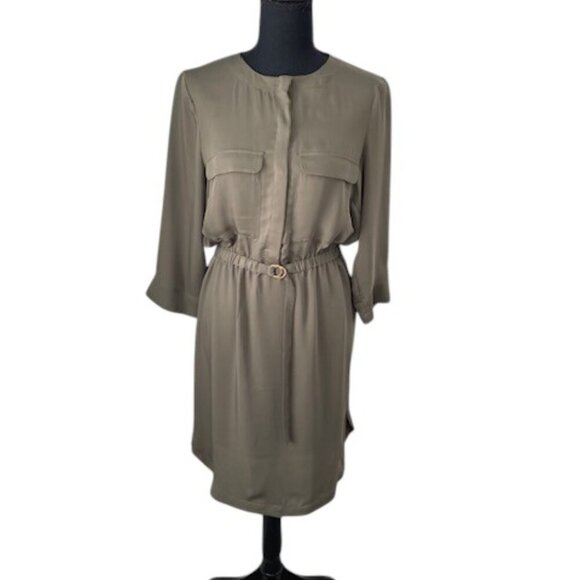 H and M Olive Green Long Sleeve Belted Shirt Dress Size 10 - Picture 1 of 11